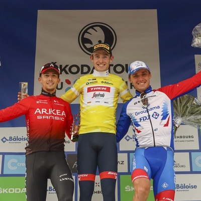 Pictures with text "Skjelmose won the Tour Luxembourg, Madouas won the final stage"